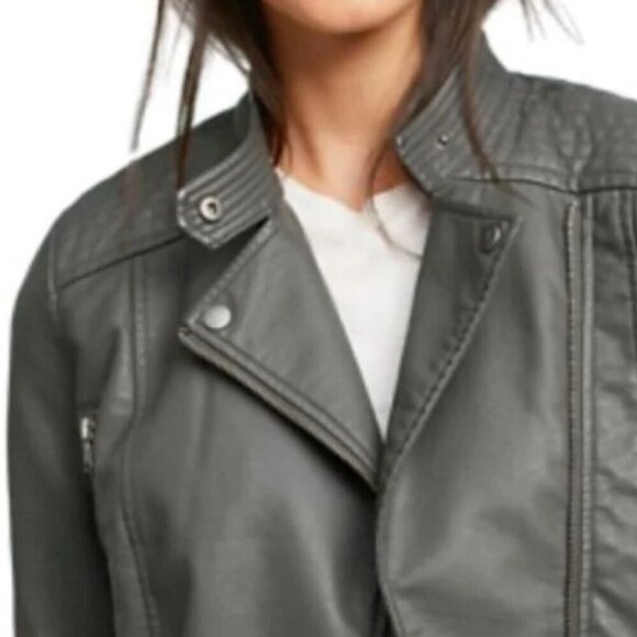 Anthropologie Jacket Moto Crop Womens Extra Small Gray Vegan Faux Leather Pocket - Picture 8 of 15